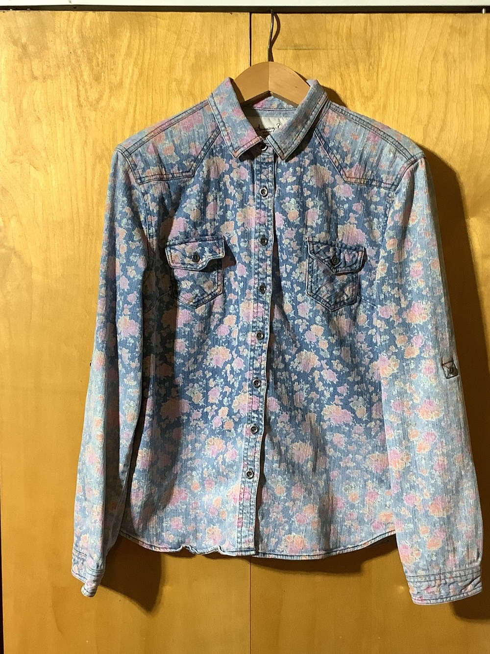 American Rag ombré floral denim shirt, size large
